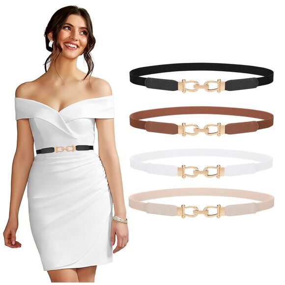 3498 4 Pack Skinny Elastic Belts For Women Gold Buckle Thin Stretchy Waist